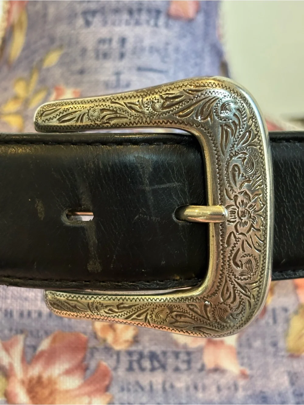 Western Studded Tooled Black Leather Belt with Silver Buckle